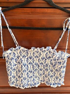 Blue Floral Smocked Crop Top - Women's